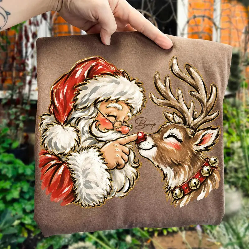 Vintage Santa And Reindeer Christmas Graphic T-Shirt / Sweatshirt / Hoodie