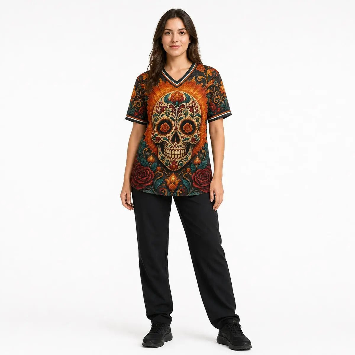 Day Of The Dead Sugar Skull Marigold Altar Graphic V-Neck Soccer Jersey