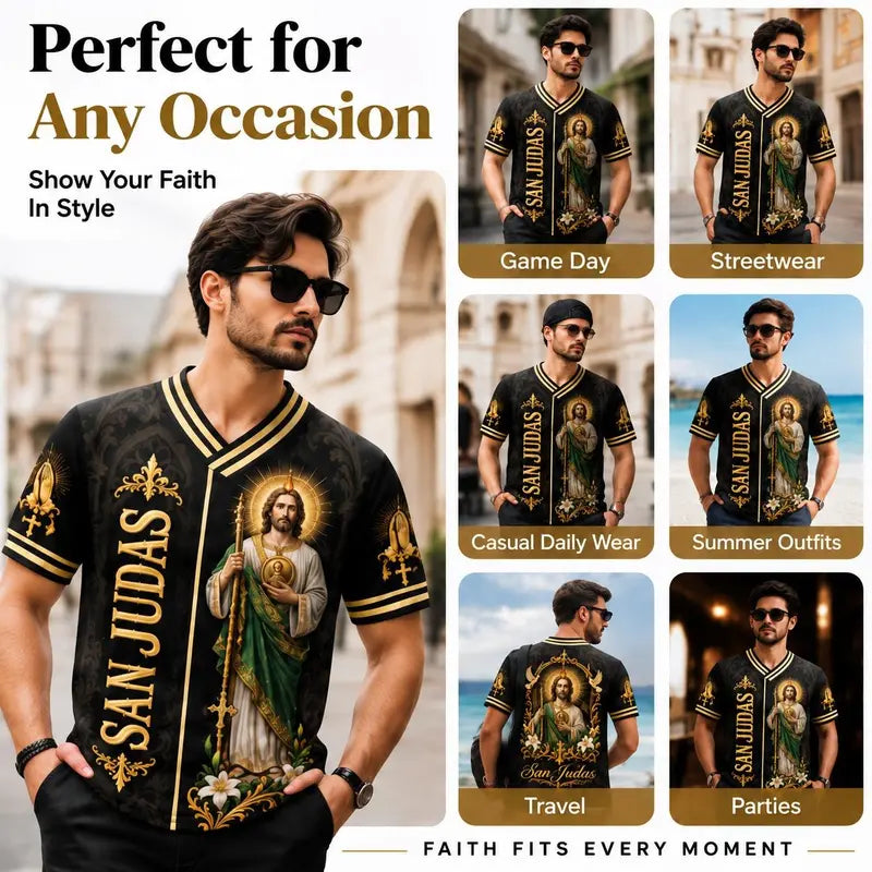 San Judas Tadeo Black Gold Religious Baseball Jersey