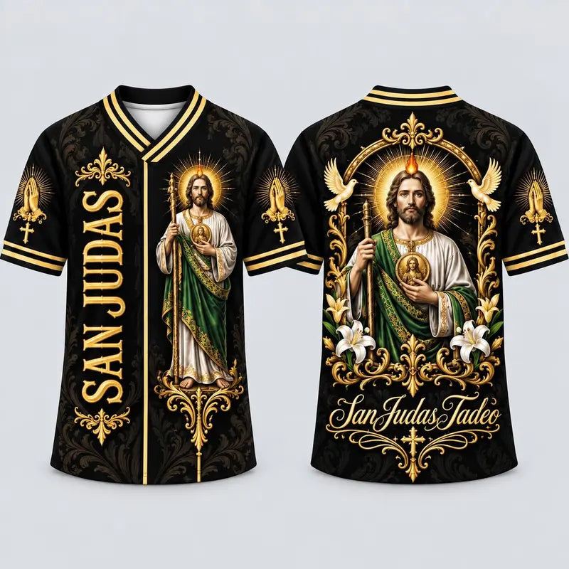 San Judas Tadeo Black Gold Religious Baseball Jersey