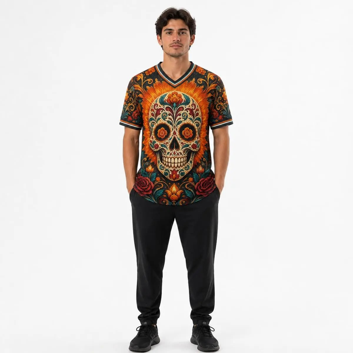 Day Of The Dead Sugar Skull Marigold Altar Graphic V-Neck Soccer Jersey