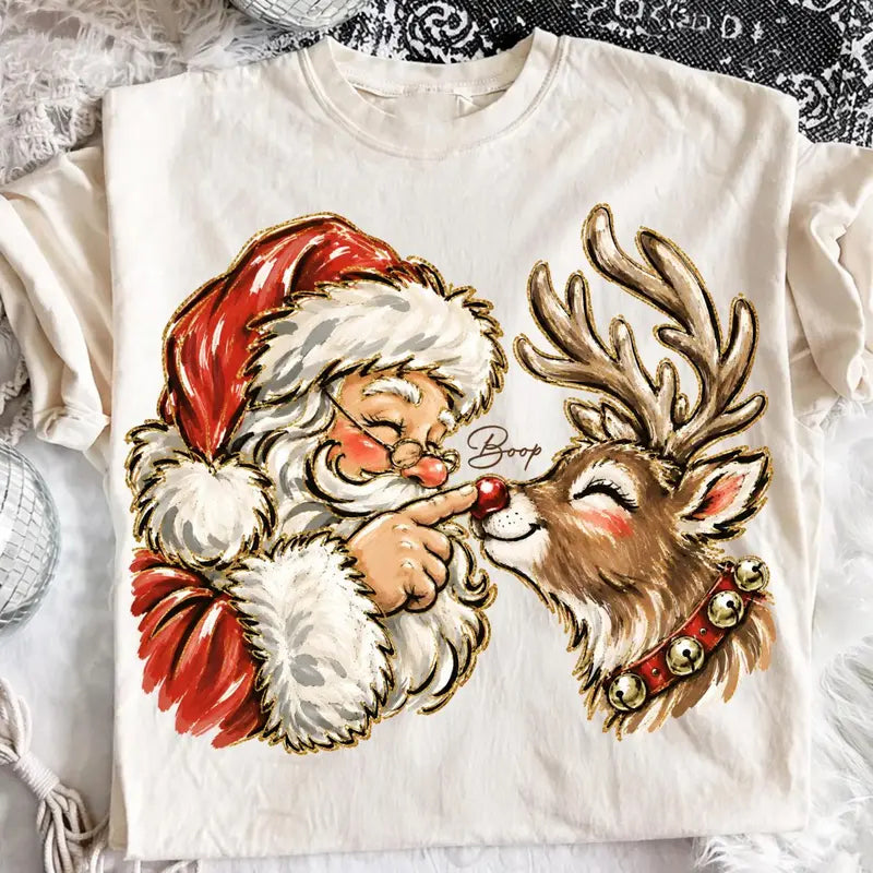 Vintage Santa And Reindeer Christmas Graphic T-Shirt / Sweatshirt / Hoodie