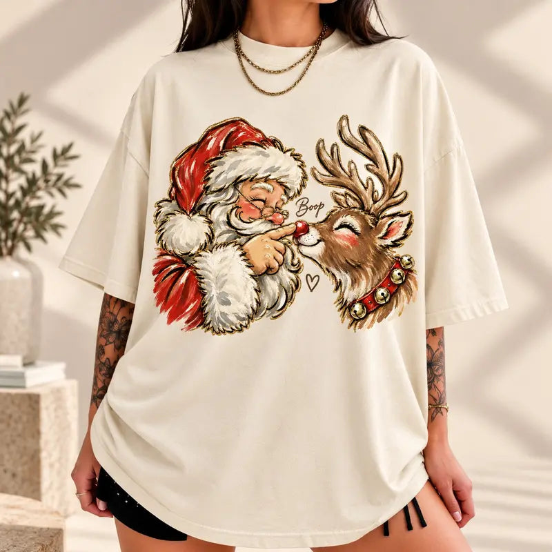 Vintage Santa And Reindeer Christmas Graphic T-Shirt / Sweatshirt / Hoodie