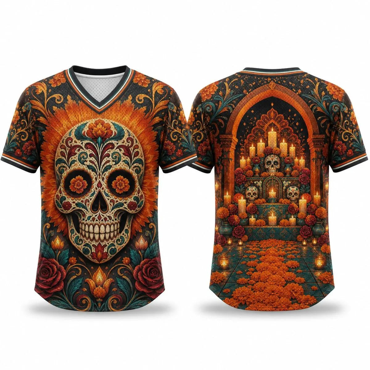 Day Of The Dead Sugar Skull Marigold Altar Graphic V-Neck Soccer Jersey
