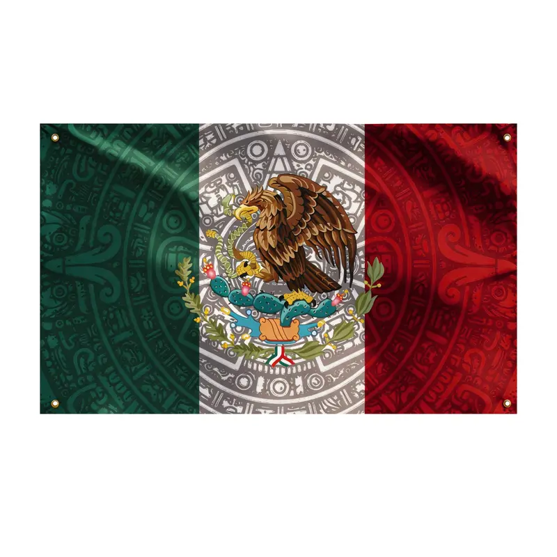 Vintage Mexico Aztec Sun Stone Eagle Wall Hanging Flag